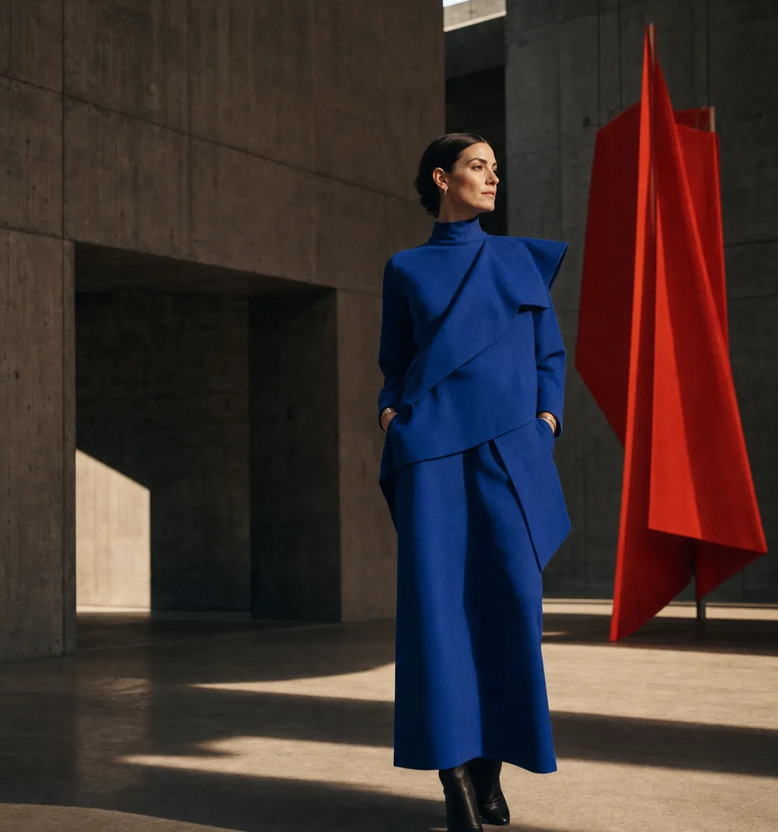 Creative director in cobalt blue within brutalist architecture
